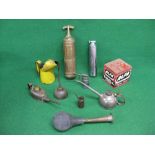 Crate of oil cans and pourer, extinguisher,