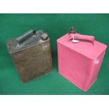 Pink two gallon fuel can embossed Light Shale Oil with a chained nut cap together with a Shell