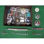 Quantity of vehicle name badges etc to include: Capri, Corsair, Austin, Anglia, Morris, Peugeot,