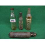 Three glass oil bottles for Duckhams and Mobil Oil together with a Pyrene extinguisher with