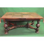 Oak drawer leaf refectory dining table supported on stretchered bulbous legs,