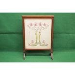 Inlaid mahogany framed fire screen having Art Nouveau silk needlework panel,