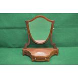 Mahogany swing frame toilet mirror having shield shaped mirror supported on shaped uprights leading