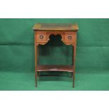 Mahogany cross banded side table having two short drawers with shaped frieze supported on square