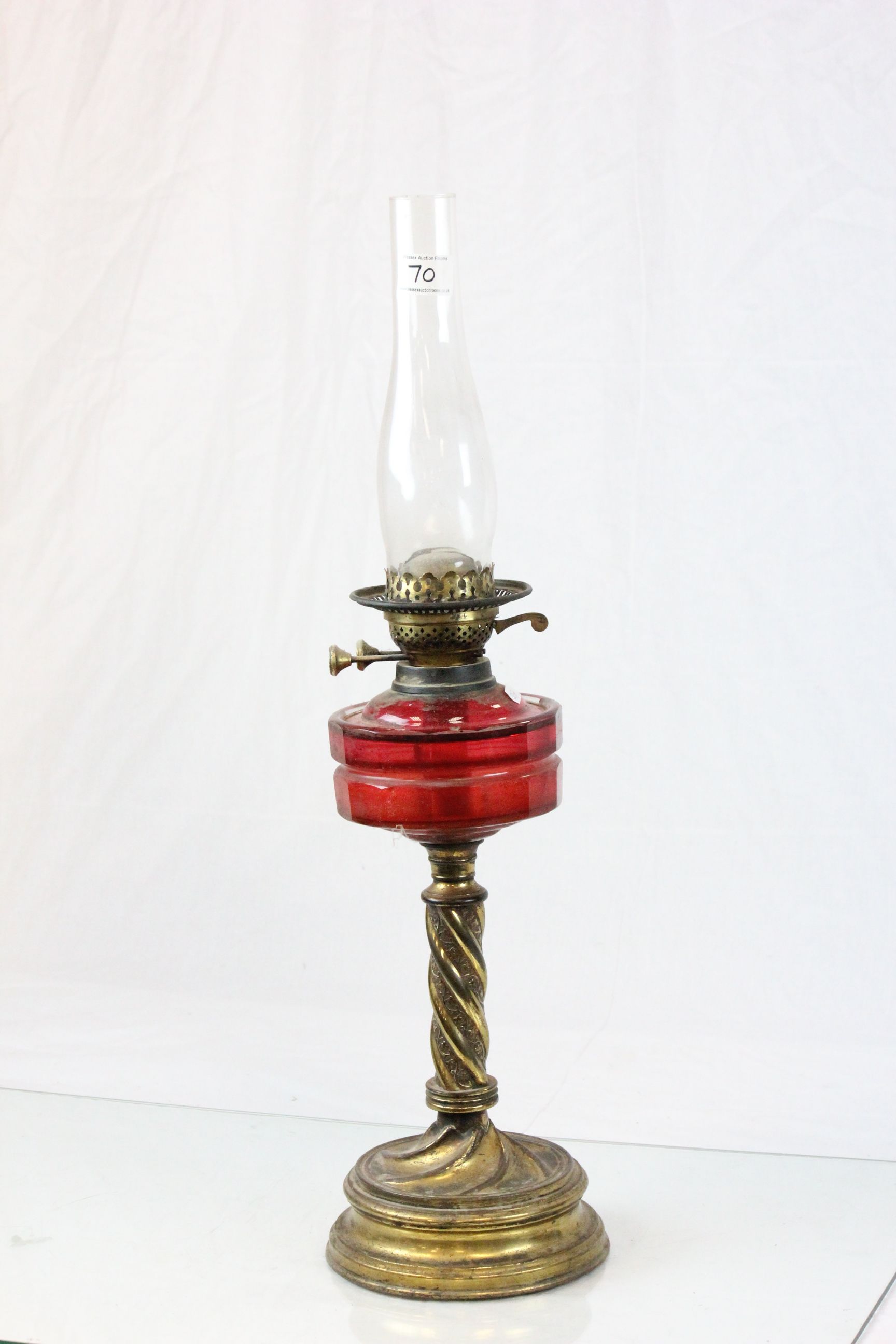 Victorian Brass Oil lamp with red glass reservoir