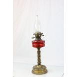 Victorian Brass Oil lamp with red glass reservoir