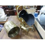 Two brass Coal buckets and a heavy brass model of a Horse