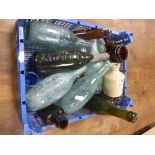 Two boxes of vintage glass & stoneware bottles