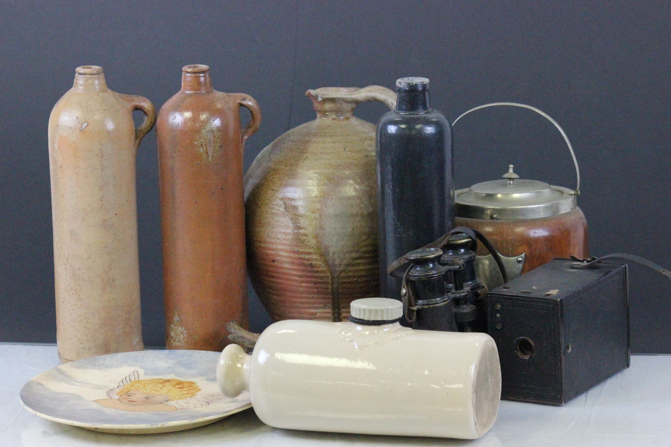 Box of mixed collectables to include; Stoneware bottles, pair of binoculars