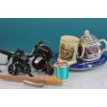 Four vintage Fishing reels and a fishing knife with sheath plus a small selection of ceramics and