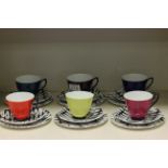 Set of six Royal Albert Art Deco teacups, saucers and sandwich plates in South Pacific pattern