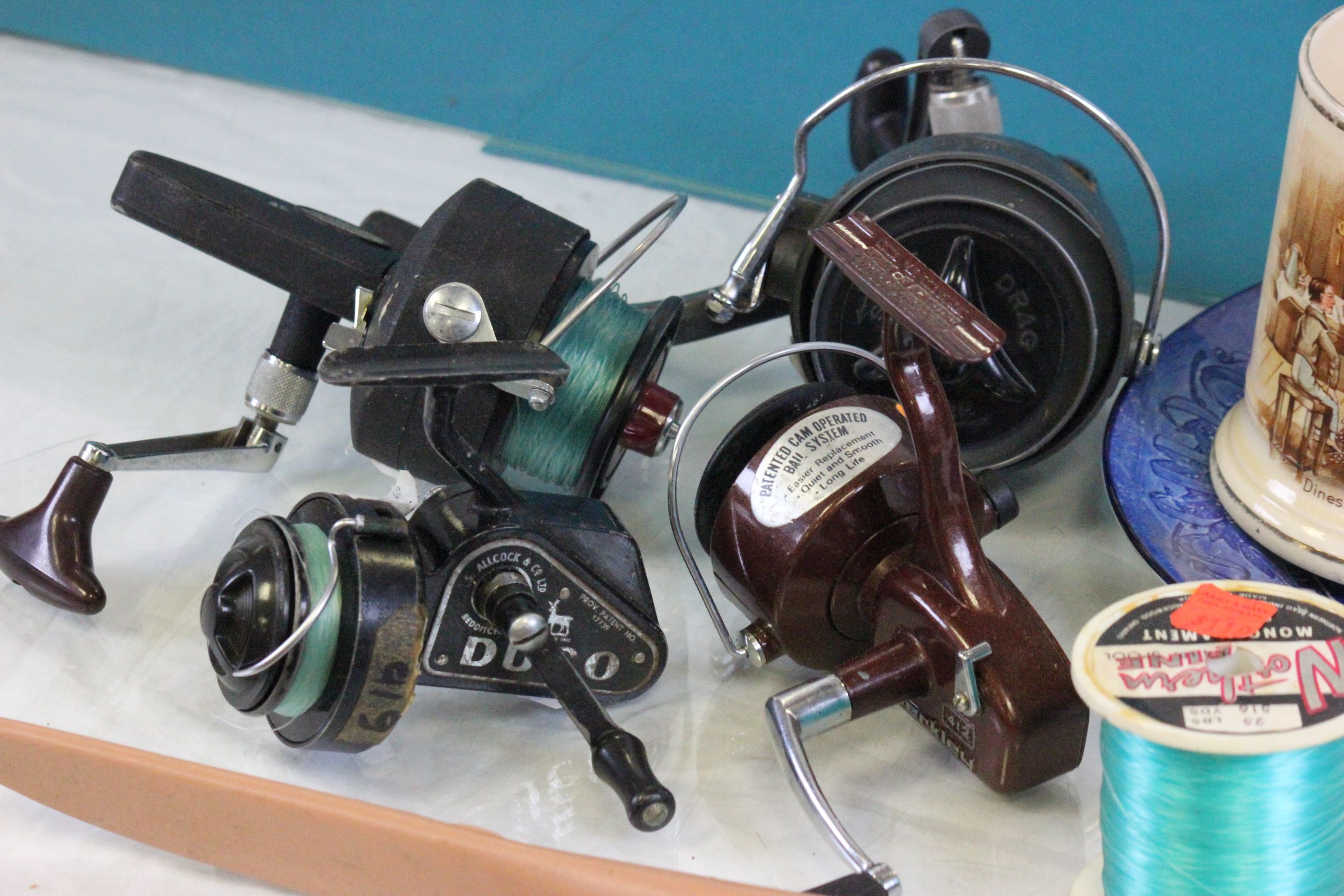 Four vintage Fishing reels and a fishing knife with sheath plus a small selection of ceramics and - Image 2 of 2