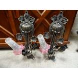 Pair of Art Nouveau style wall lamps with fluted glass shades