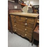 19th Century pine chest of three long and two short drawers on bun feet