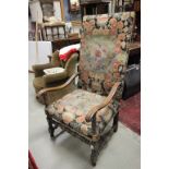 Victorian Oak Framed Elbow Chair with Woolwork Upholstered Back and Seat and carved scroll arms