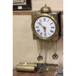 Brass wall clock with pulleys & weights, enamel dial, bell to the top and Fleur De Lys decoration