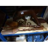 Large Hardwood Carved Lion together with a Pair of African Wooden Carved Oversized Salad Servers,