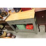 Oak kitchen work table with parquetry top & two drawers with undershelf