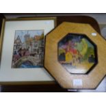 Framed & glazed Silk thread picture and a Poker work wooden tray