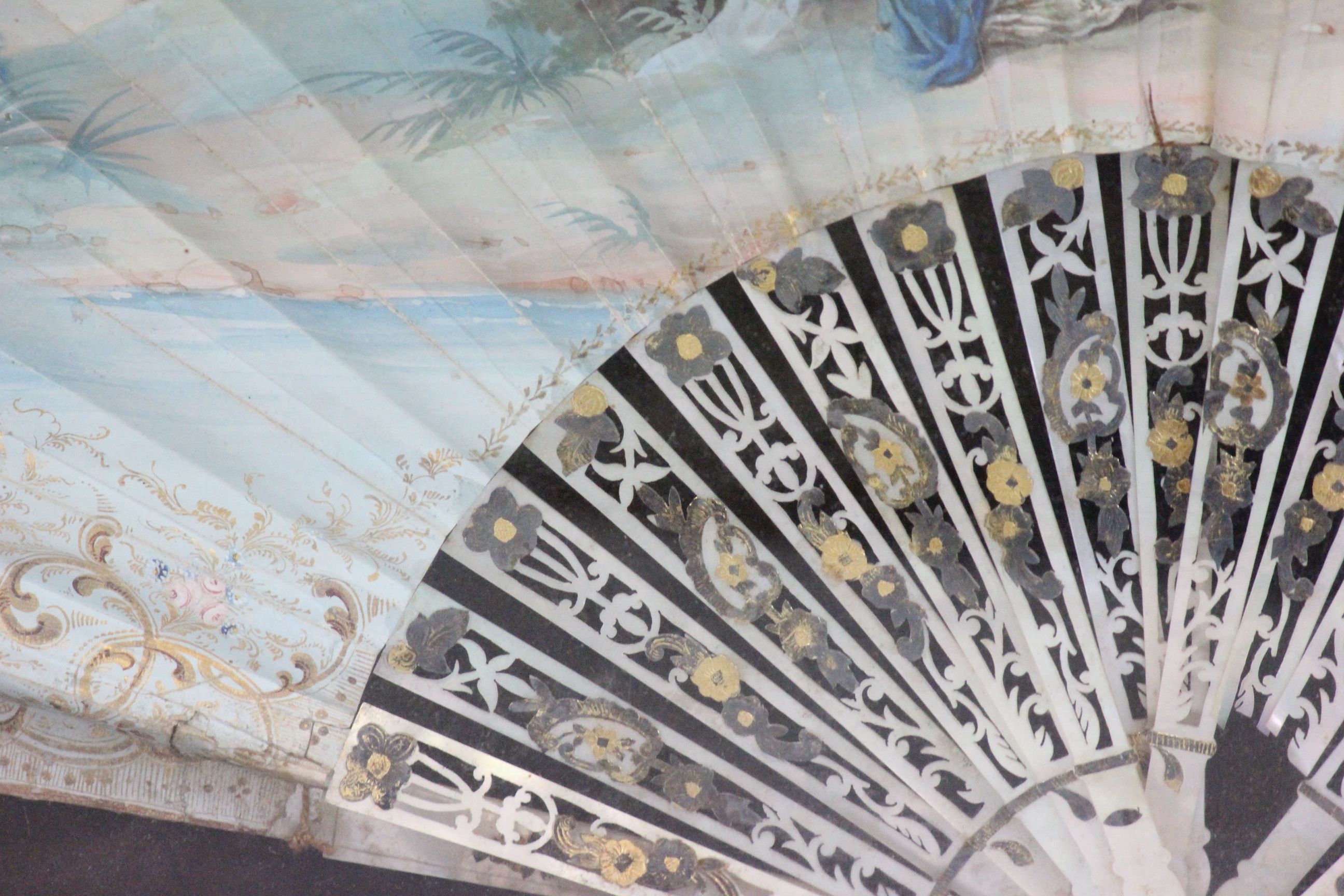 Gilt framed & glazed pair of 19th Century hand painted Fans with Mother of Pearl spines, both marked - Image 9 of 12