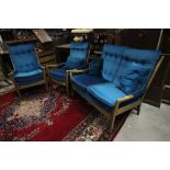 Retro Beechwood Framed Two Seater Settee and matching Two Armchairs, all upholstered in peacock blue