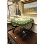 19th century Mahogany Stool with woolwork upholstered seat and raised on X-frame Supports with Cross