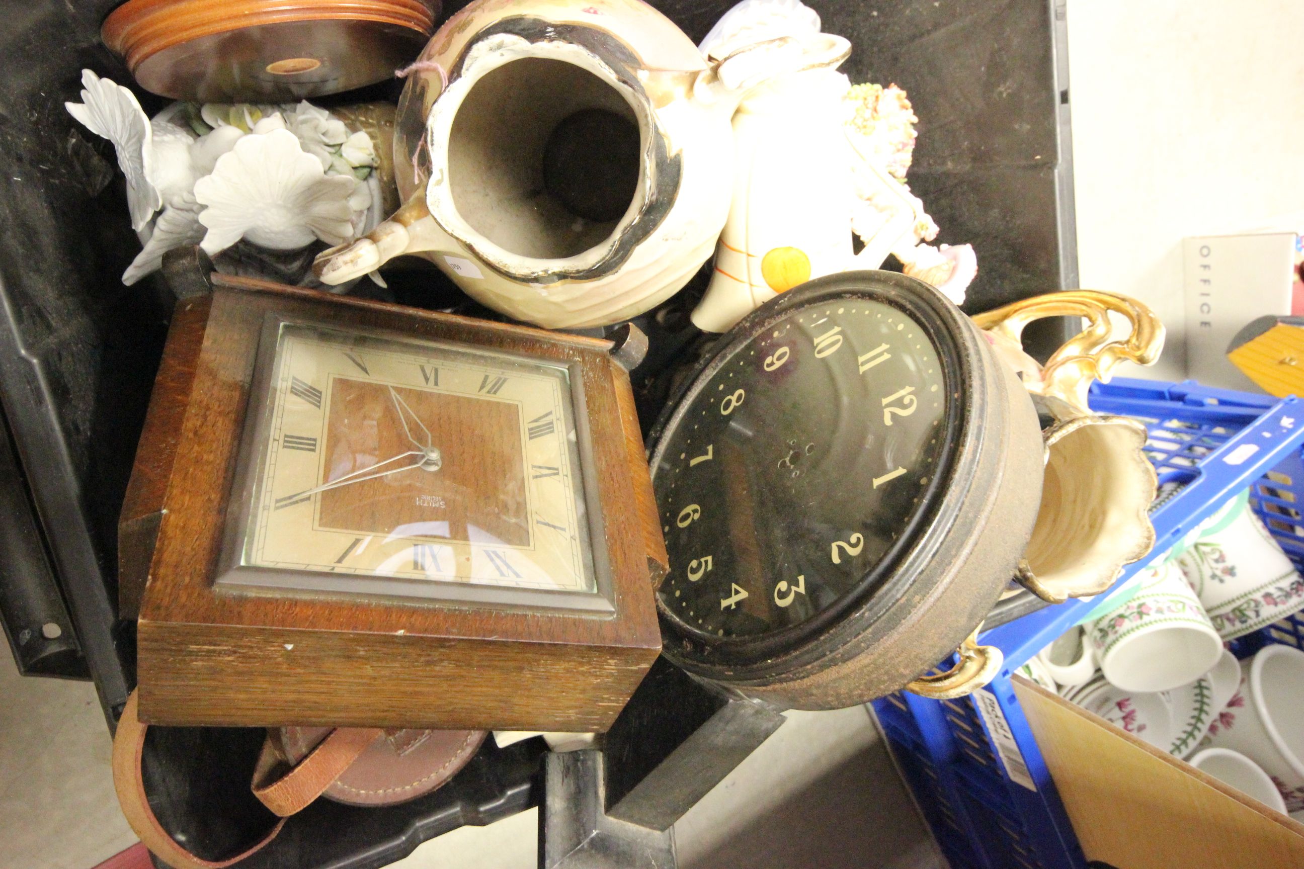 Box of mixed collectables to include; clocks, ceramics, leather case etc