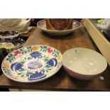 Large hand painted Continental pottery dish with floral design & a pink & cream ceramic bowl