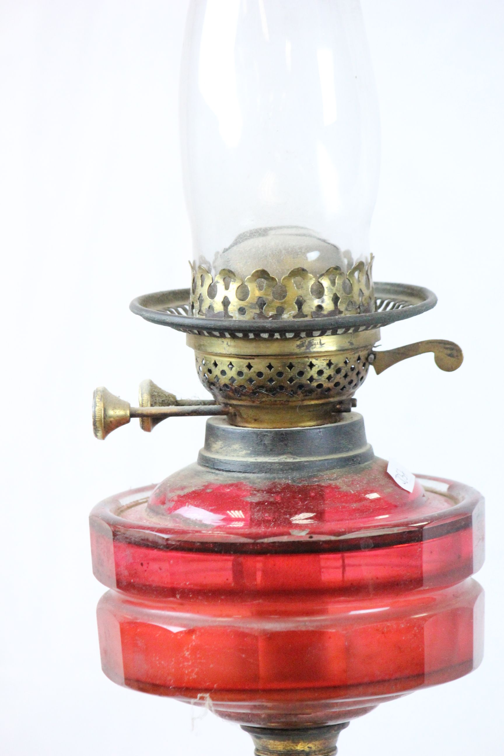 Victorian Brass Oil lamp with red glass reservoir - Image 2 of 2