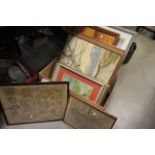 Box of framed prints & pictures to include two early Maps