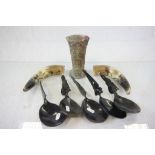Small collection of Oriental carved Horn items and a Soapstone vase