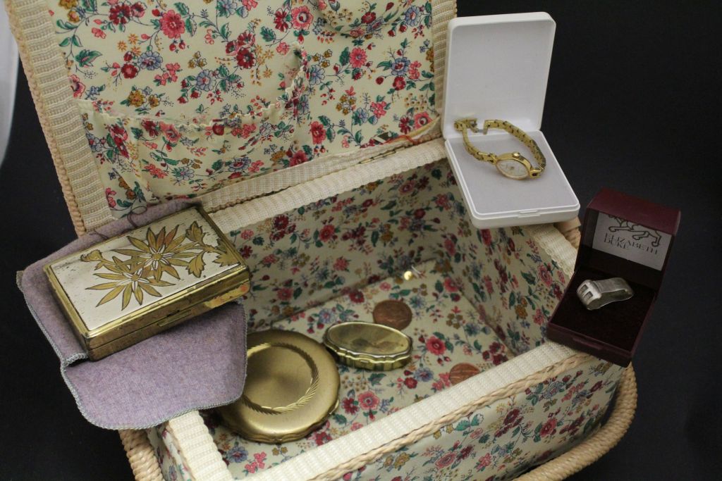 Sewing box with a small group of collectables to include a Musical Compact