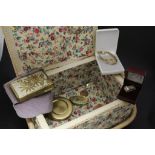 Sewing box with a small group of collectables to include a Musical Compact