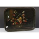 Large painted Papier Mache tray with Still life floral scene