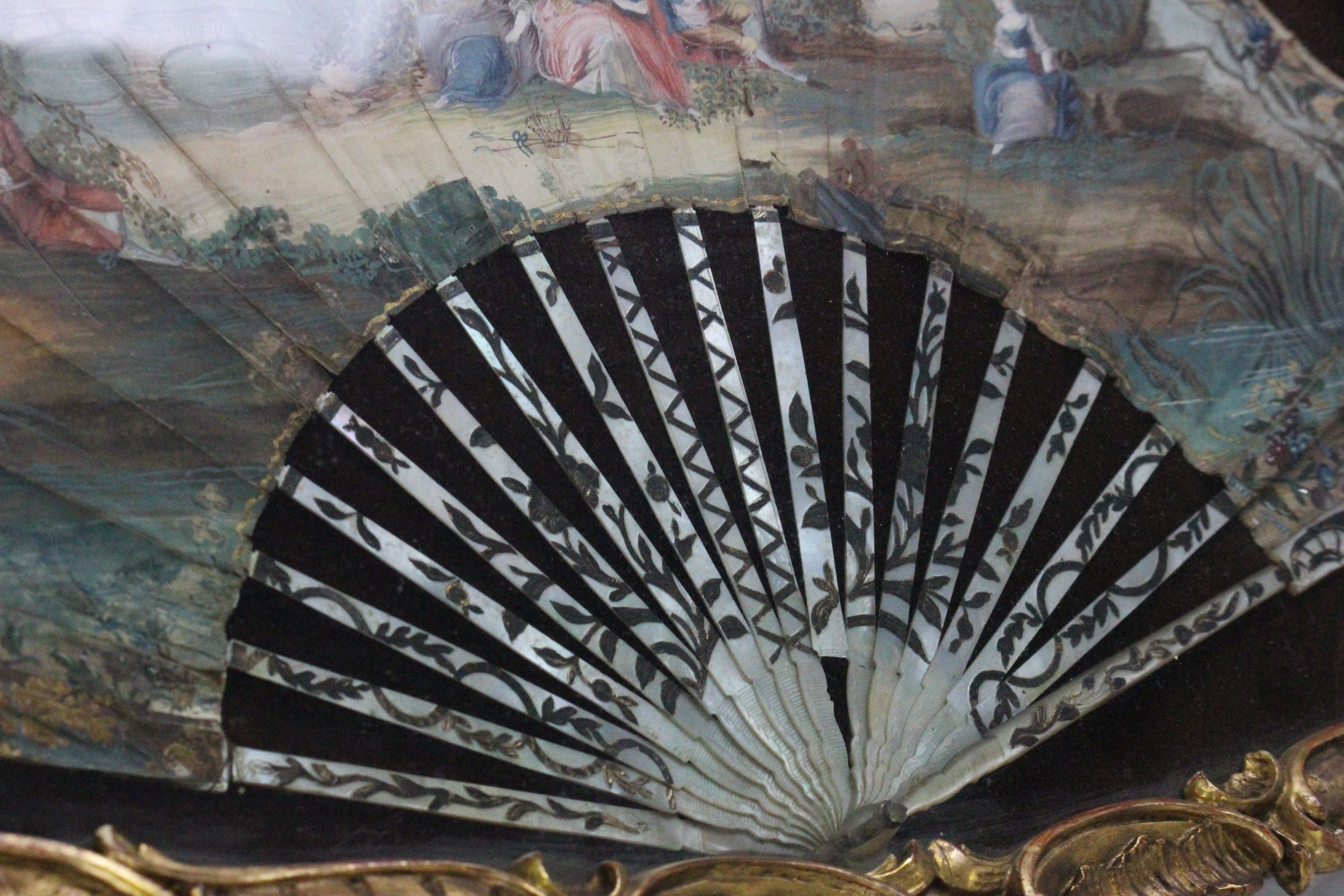 Gilt framed & glazed pair of 19th Century hand painted Fans with Mother of Pearl spines, both marked - Image 12 of 12