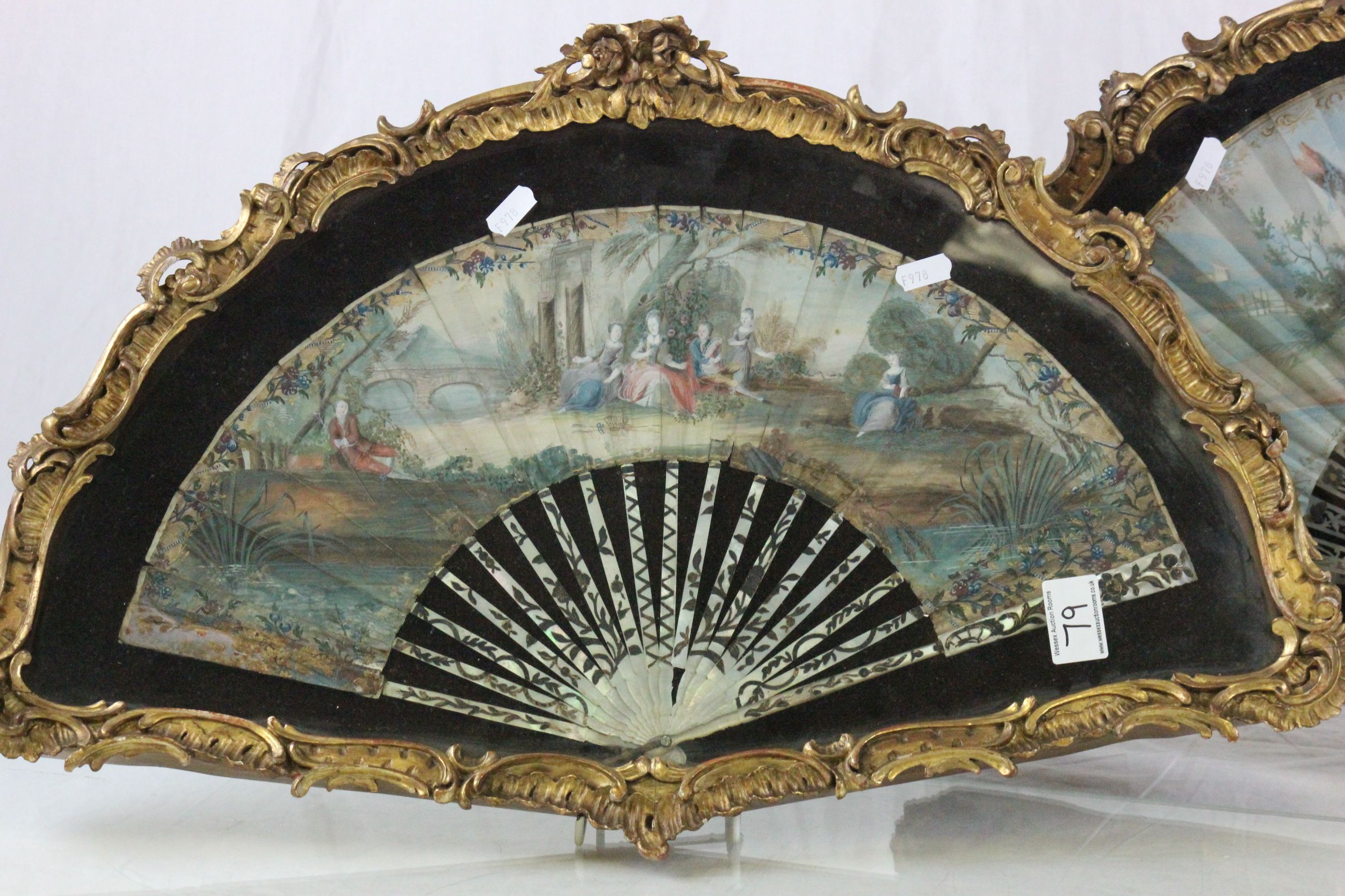 Gilt framed & glazed pair of 19th Century hand painted Fans with Mother of Pearl spines, both marked - Image 2 of 12