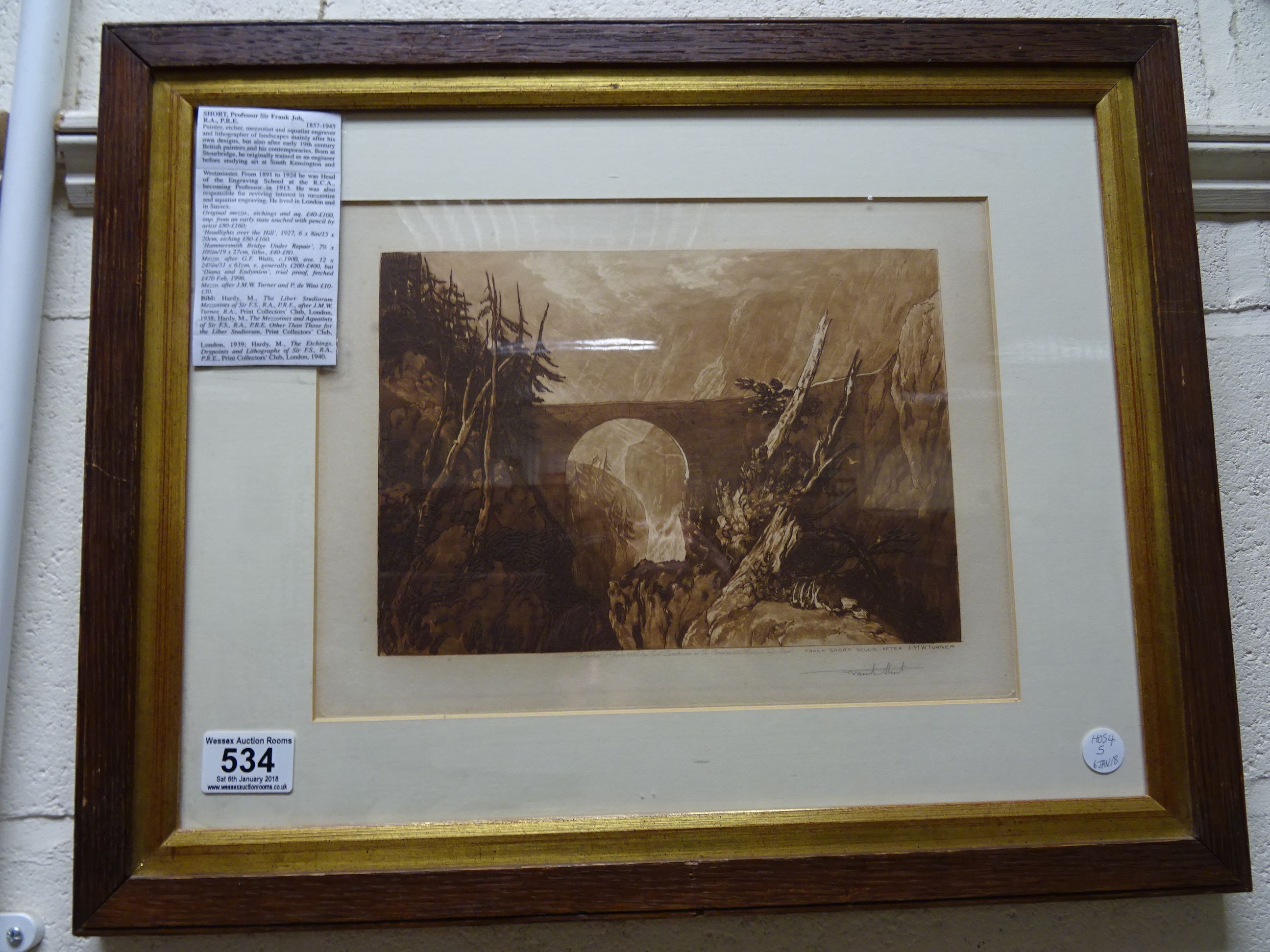 Sir Frank Short (1857-1945) original Sepia mezzotint of bridge over a gorge, published 1886,