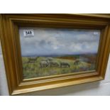 Gilt framed & glazed Watercolour of Sheep in a meadow & signed A.E.T / 23