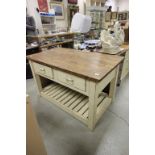 Substantial painted farmhouse kitchen work island with two drawers to either side