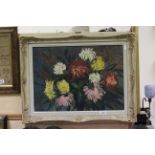 Framed Still Life Oil on canvas of Chrysanthemums signed and dated R J Grover 58n