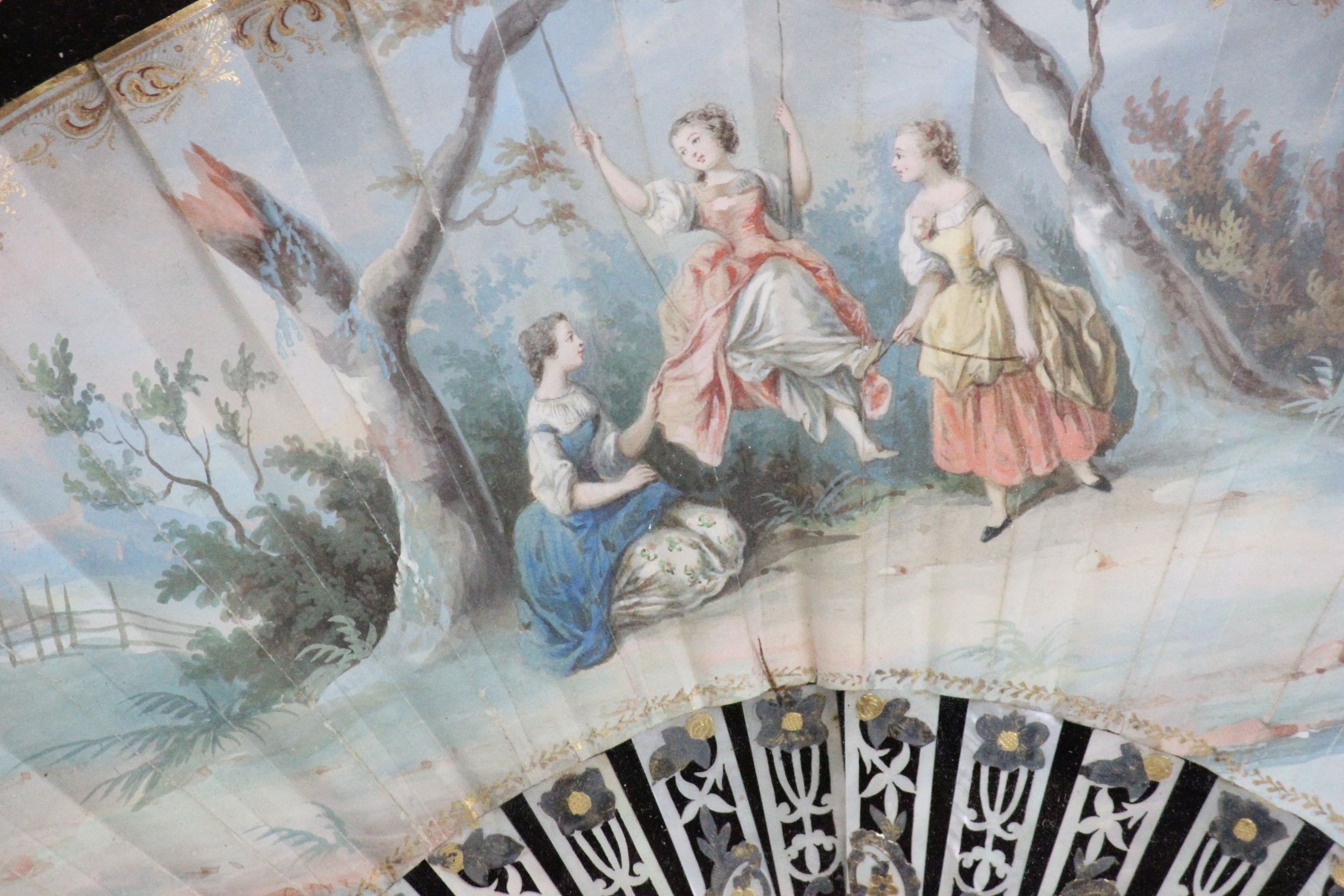 Gilt framed & glazed pair of 19th Century hand painted Fans with Mother of Pearl spines, both marked - Image 7 of 12