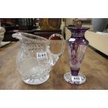 Cut glass Lamp Base with purple overlay and a cut glass Water jug