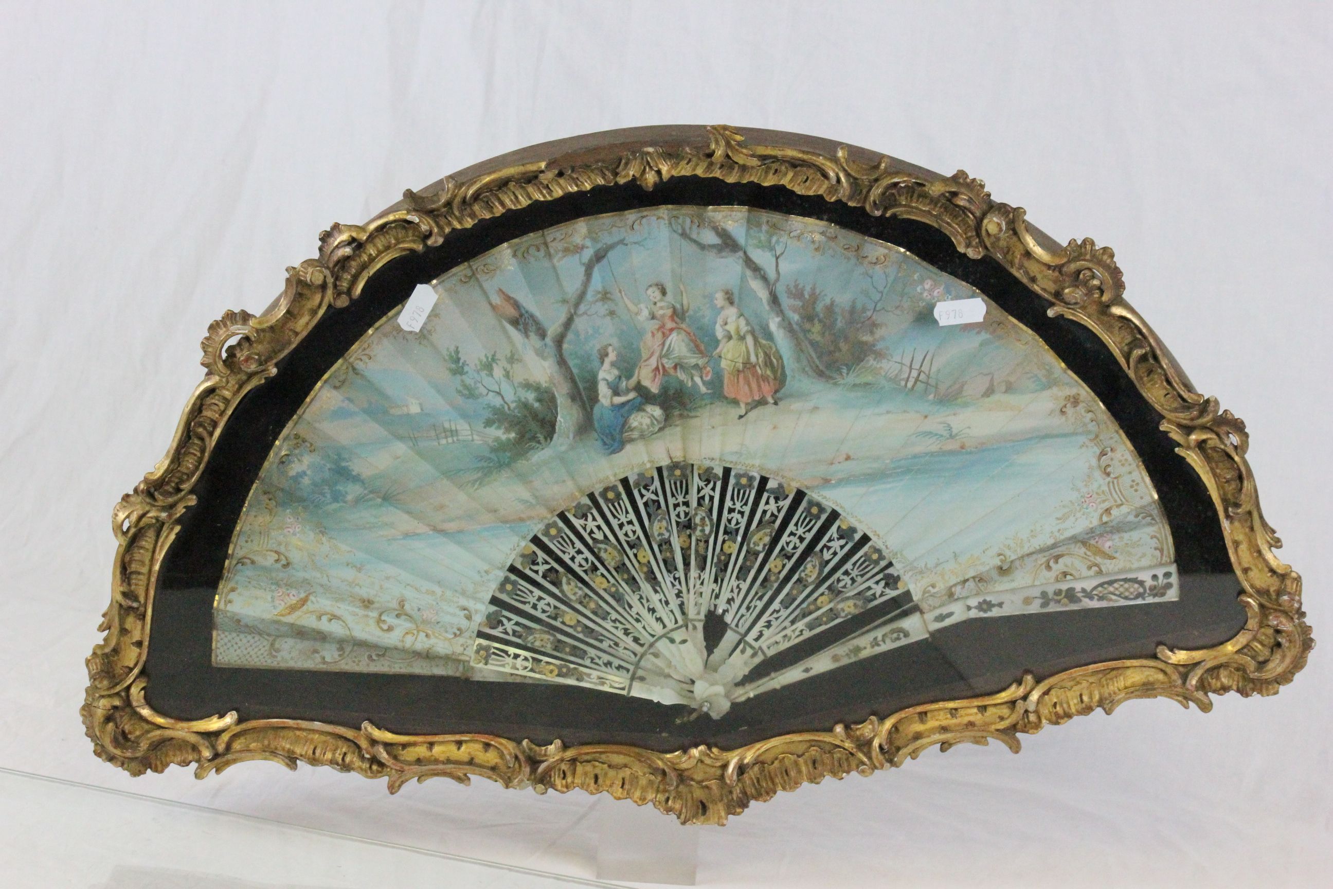 Gilt framed & glazed pair of 19th Century hand painted Fans with Mother of Pearl spines, both marked - Image 6 of 12