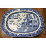 Large 19th Century blue & white Meat Platter with Willow pattern decoration