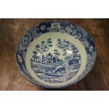 Blue & white Staffordshire bowl with Oriental influenced rural scene