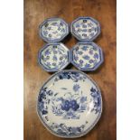 19th Century Chinese blue & white shallow bowl and four smaller blue & white Oriental dishes