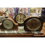 An oak cased three train mantle clock and two others.