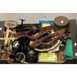 Box of mixed collectables to include; coins, glasses, scales, fishing reels, tins etc