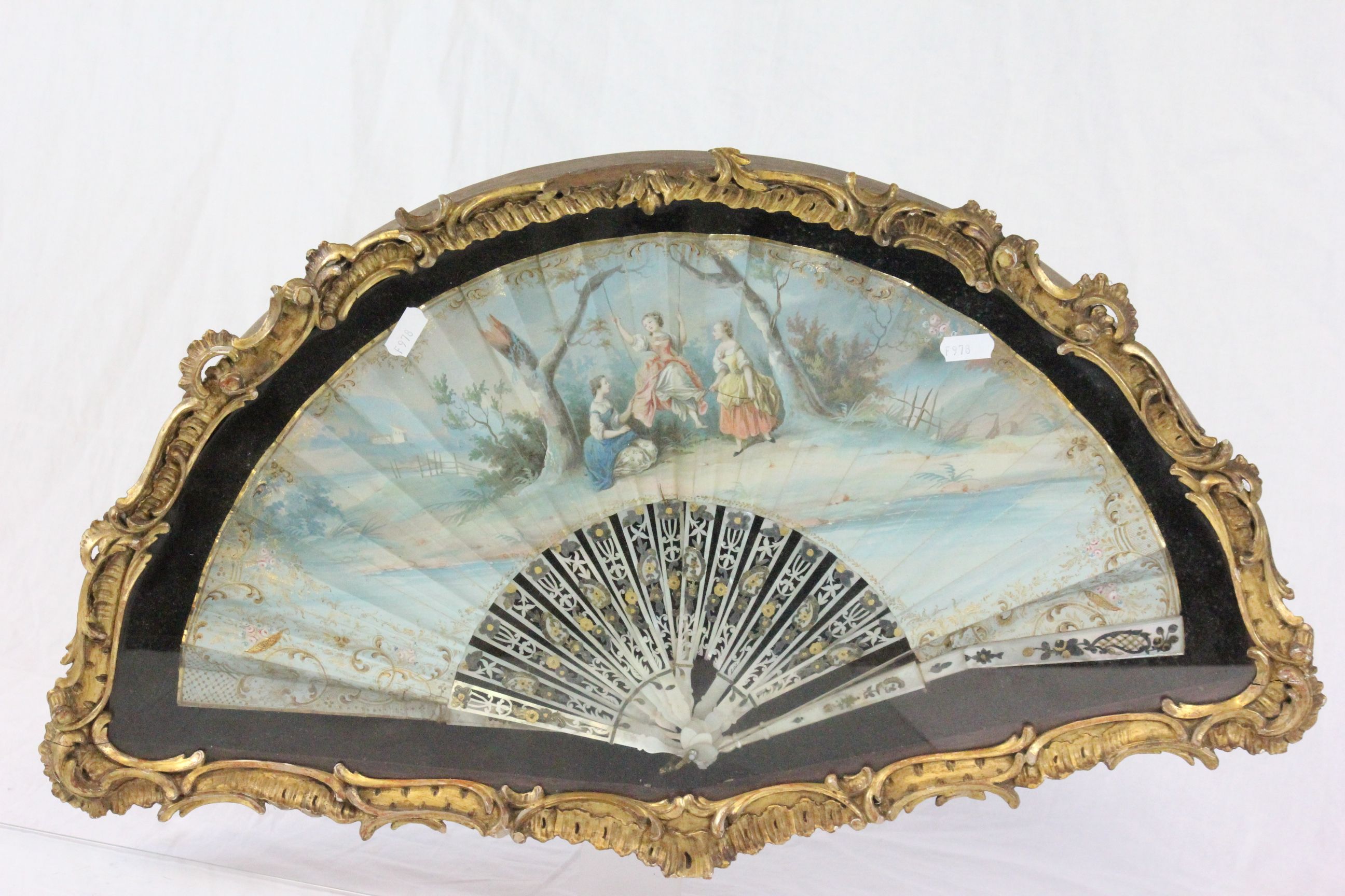 Gilt framed & glazed pair of 19th Century hand painted Fans with Mother of Pearl spines, both marked - Image 11 of 12