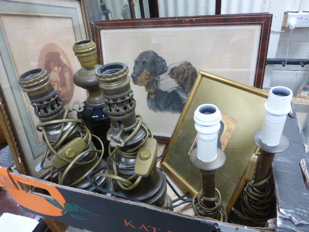 Box of vintage Lamps and framed & glazed Prints